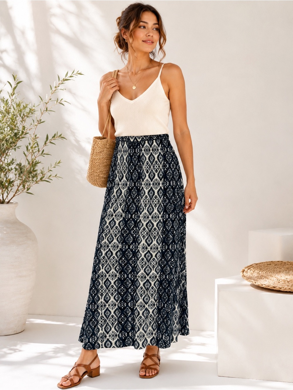 Lily White Boho Ikat Printed Maxi Skirt | Black & Ivory | Size Small